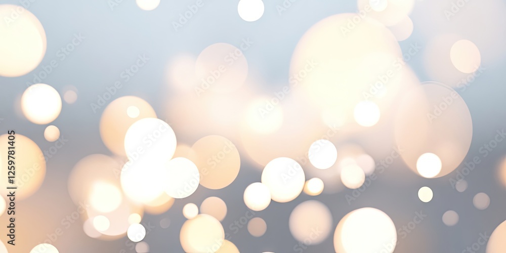 Poster soft bokeh lights in warm tones of gold and cream against a light blue background, creating an ether