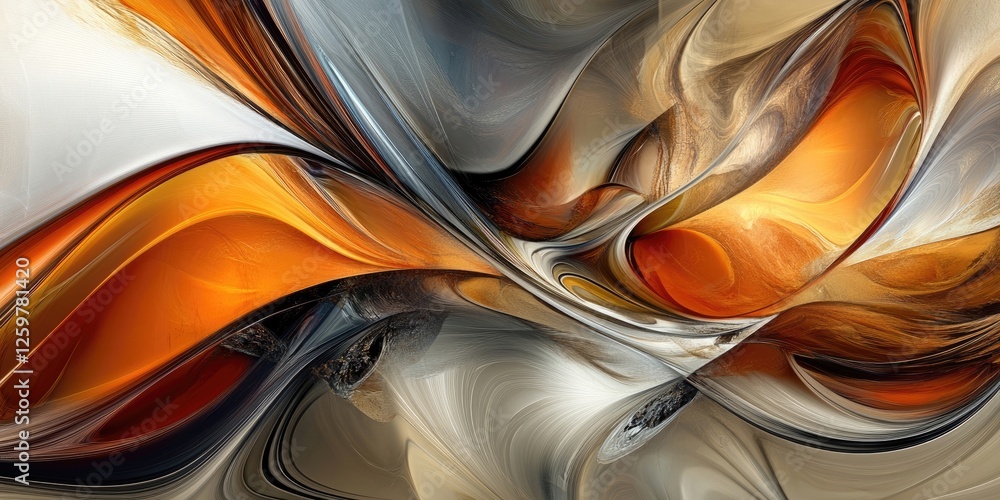 Poster colorful abstract design with flowing swirls of orange, brown, and white against a smooth textured b