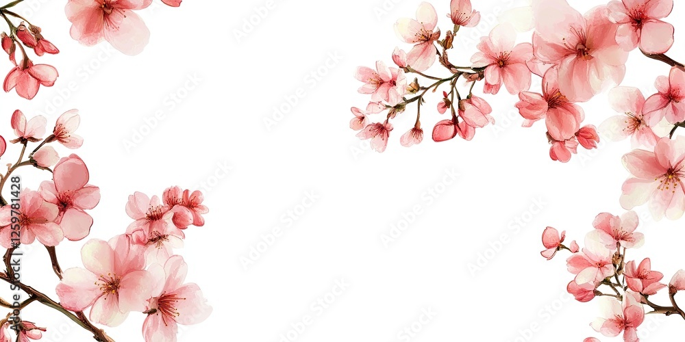 Poster blossoming cherry branches in soft pink tones frame a clean white backdrop with ample space for text