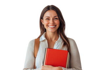 Happy female student holding books isolated on white or transparent, PNG