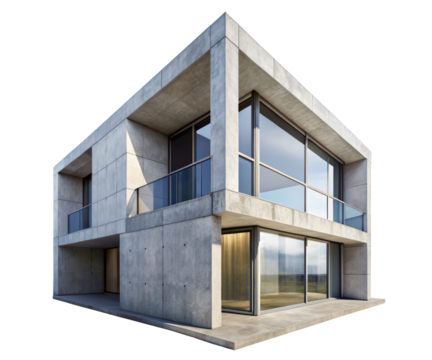 Modern concrete house with large windows on a transparent background
