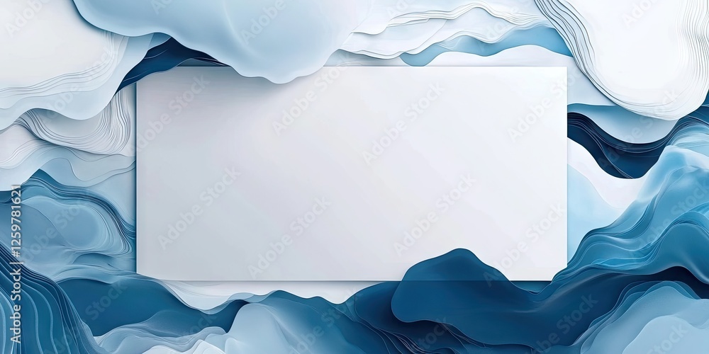 Poster abstract wave pattern in shades of blue and white surrounds a blank rectangular space at center, per