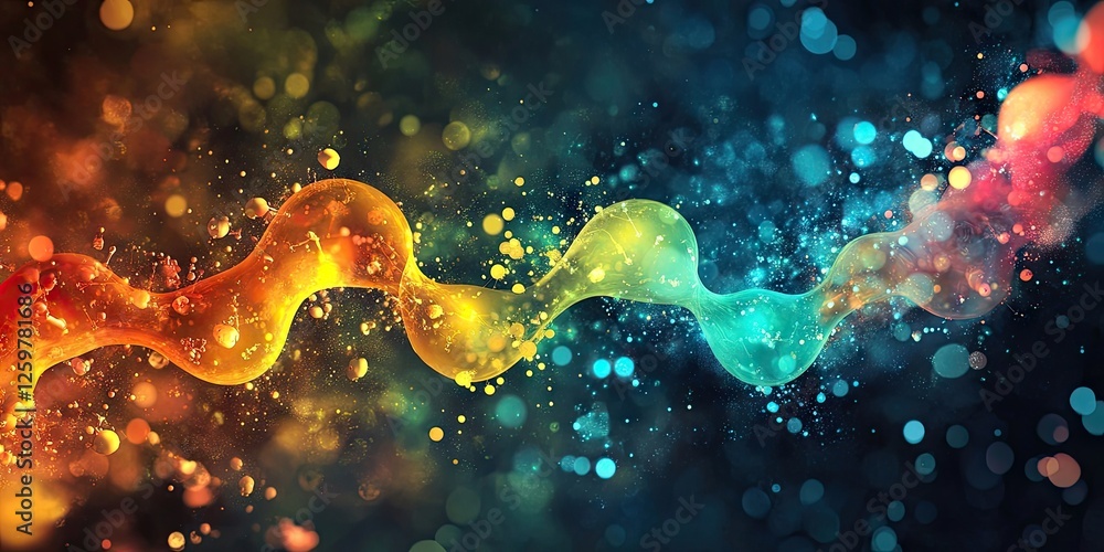Poster vibrant abstract wave with orange to yellow and blue to teal gradient colors flowing through a dark 