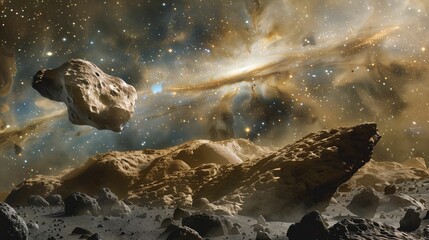 photos of asteroids and asteroid debris in space in blue and brown colors.