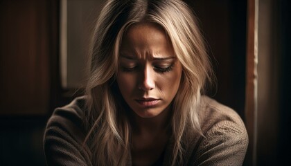 Fototapeta premium Emotional woman with blonde hair reflects in a dimly lit room during a moment of contemplation