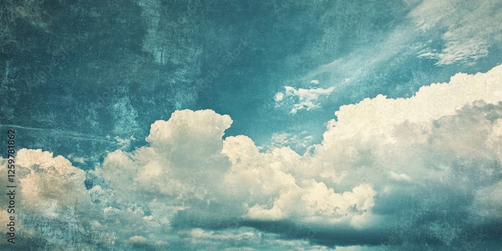 Poster vintage blue sky with textured white clouds on the lower two-thirds creating ample copy space for te