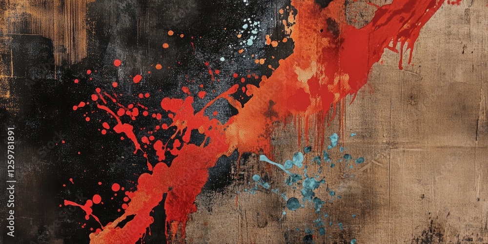 Poster abstract grunge texture featuring a dynamic splash of red and blue paint against a dark, textured ba