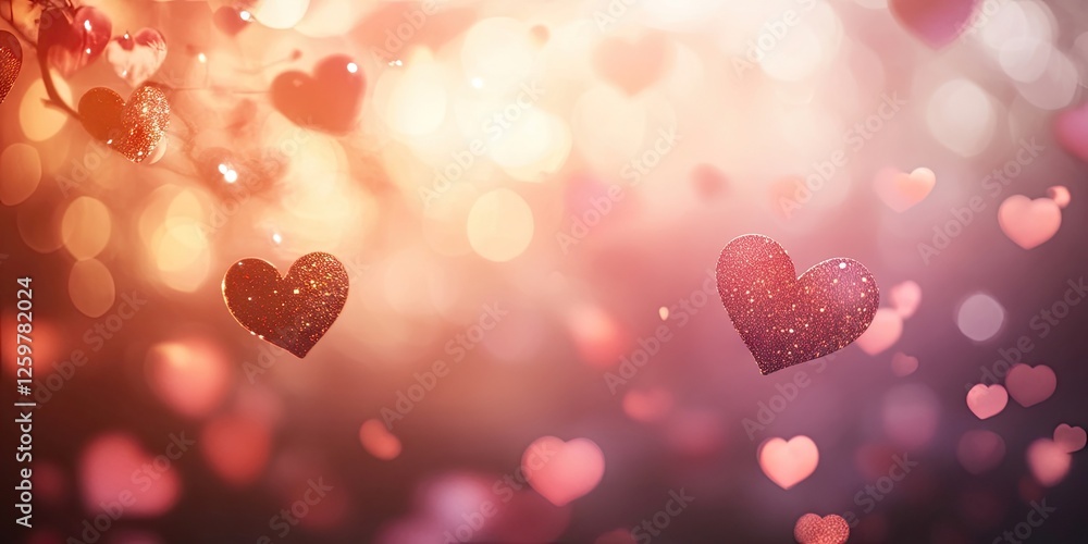 Poster sparkling red hearts floating against a soft golden and pink bokeh background, creating a dreamy rom