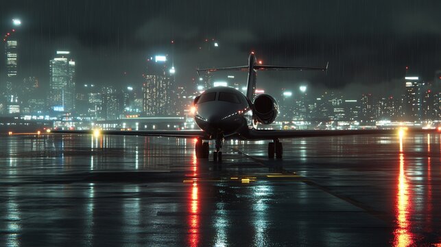 Private jet on rainy night runway, city skyline.