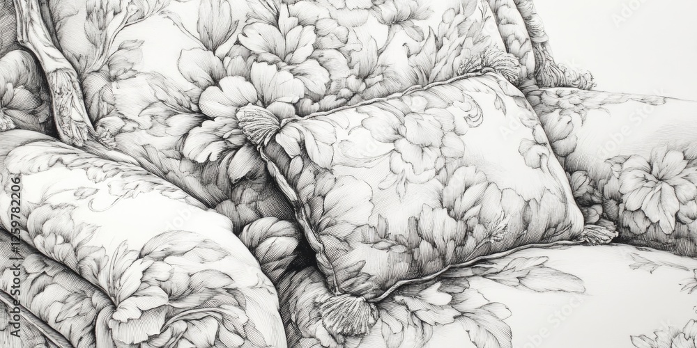 Aufkleber floral patterned couch and cushion in detailed monochrome design featuring large blossoms with intri