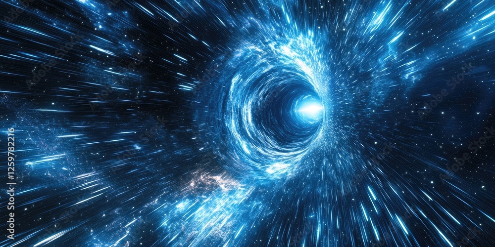 Poster abstract cosmic vortex with glowing blue light rays emanating from a central point, creating a sense