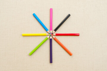 Colored sharpened wooden pencils in various colors
