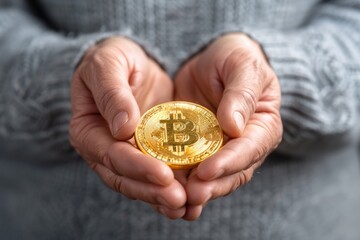 National Medal of Honor Day.Elderly hands holding a golden Bitcoin coin, symbolizing digital currency and investment.