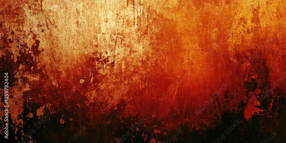 Poster abstract grunge background with deep orange and black hues, featuring textured layers and intricate 