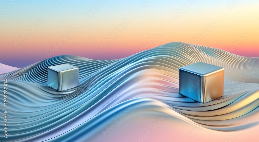 Poster floating metallic cubes forming curved lines on pastel gradient background
