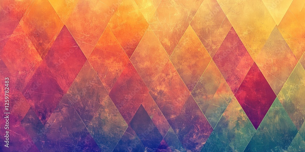 Poster colorful abstract backdrop featuring a vibrant pattern of overlapping triangles in warm oranges, yel