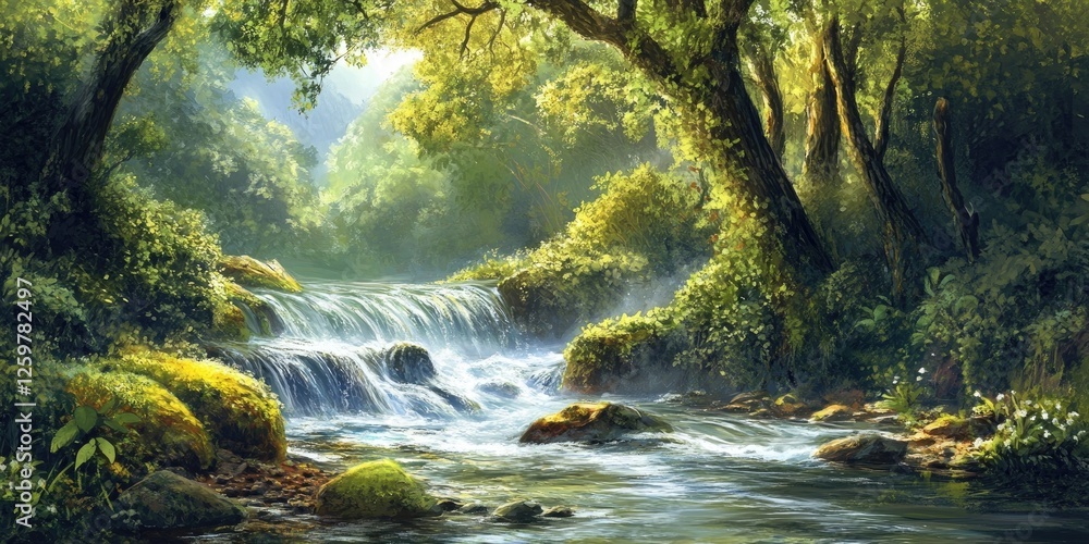 Poster serene forest scene with a swiftly flowing river surrounded by lush greenery, dappled sunlight filte
