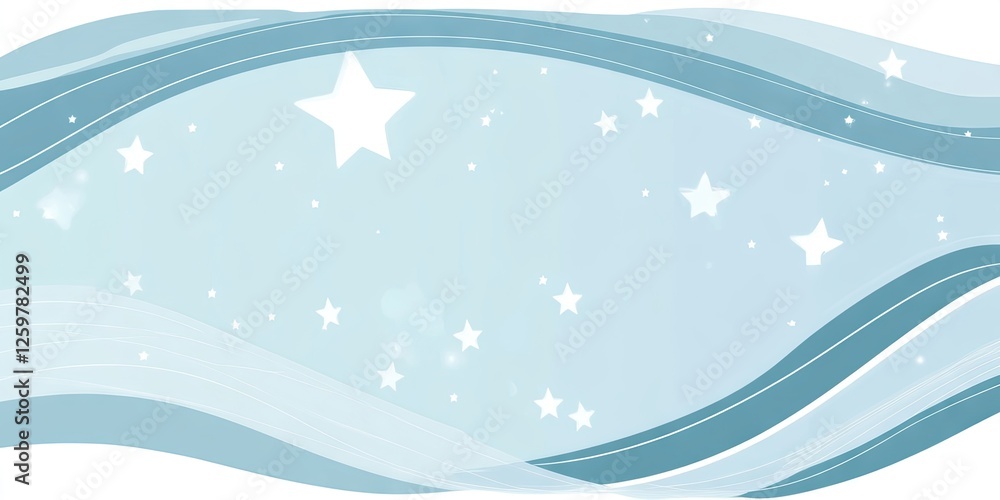 Poster soft blue waves with white stars on a gradient background, flowing from left to right, creating a se