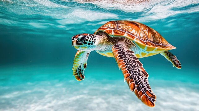 A vibrant sea turtle gliding gracefully through crystal-clear waters, showcasing its stunning shell and serene underwater environment.