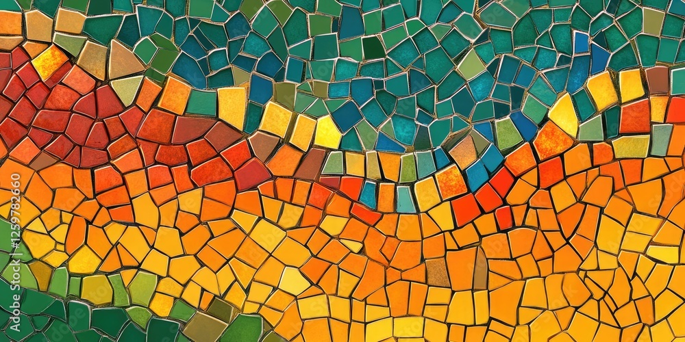 Poster vibrant abstract mosaic pattern in warm tones of orange, red, yellow, and green with ample copy spac