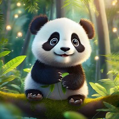 Portrait of a cute little panda taken in the forest