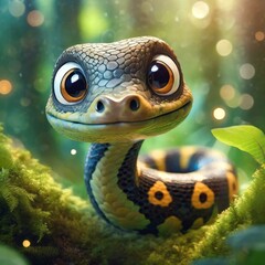 Portrait of a cute little smiling snake taken in the forest