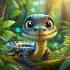 Portrait of a cute little smiling snake taken in the forest