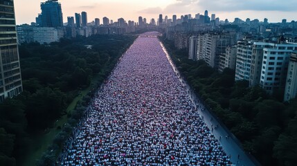Aerial view of a massive crowd gathering in a city, showcasing unity and energy during an event at sunset.