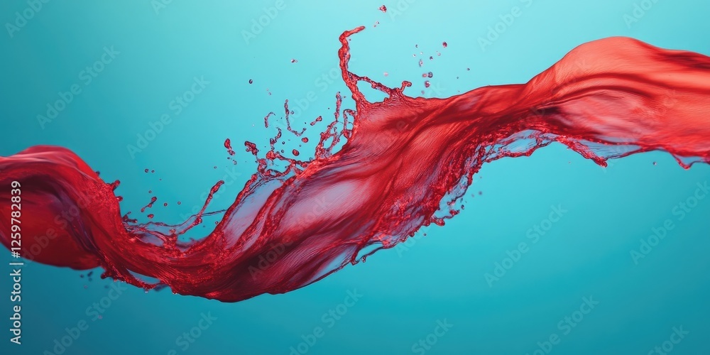 Poster dynamic red liquid splash against a turquoise background flowing from left to right with droplets cr