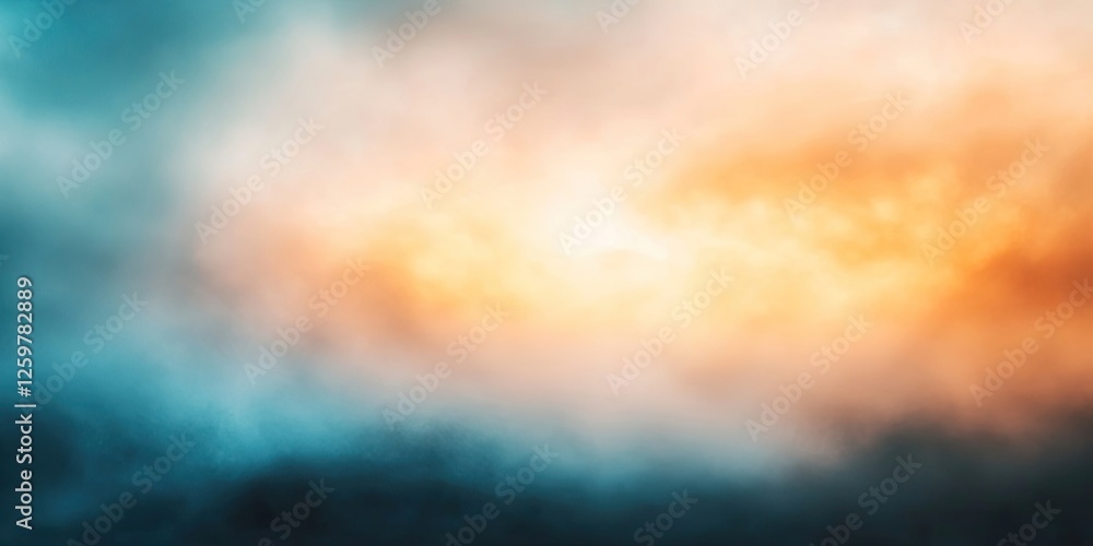Poster soft abstract background showcasing blurred dawn light with hues of orange and blue, featuring ether