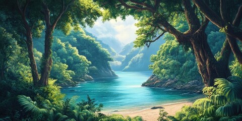 Lush green trees frame a tranquil turquoise sea with gentle waves at a sandy beach creating a serene harmonious nature landscape.