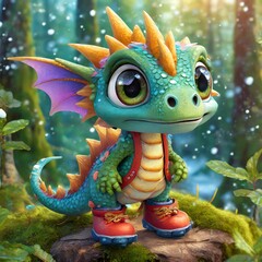 Portrait of a cute little dragon taken in the forest