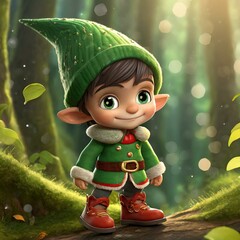 Portrait of a young smiling gnome taken in the forest
