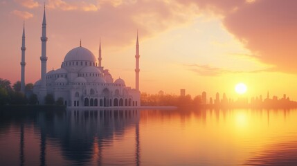 Naklejka premium beautiful landscape photograph of a mosque at sunset. The sky is a gradient of orange and pink hues, with the sun setting on the right side of the image. 