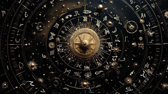 Top-down video view of an intricate, celestial-themed design with golden zodiac symbols and cosmic elements on a dark background.