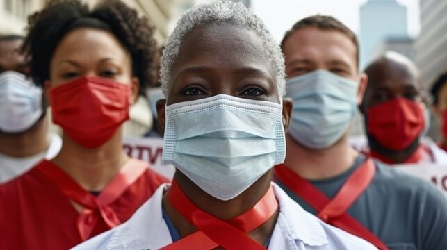 World Tuberculosis Day. Diverse group of people wearing red masks and ribbons for a social cause.