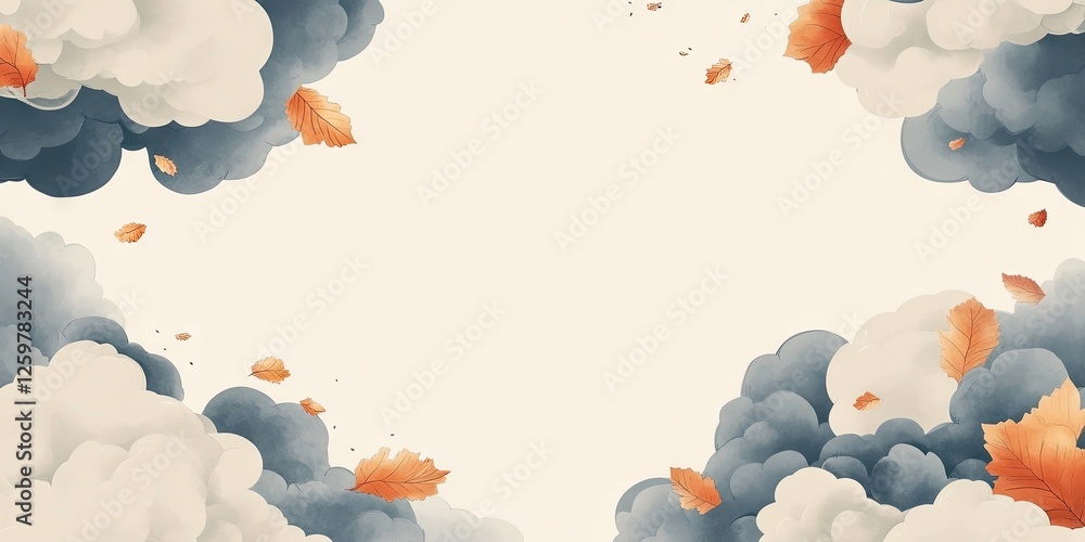 Poster autumn storm clouds in shades of gray and white with orange leaves scattered, creating a central emp