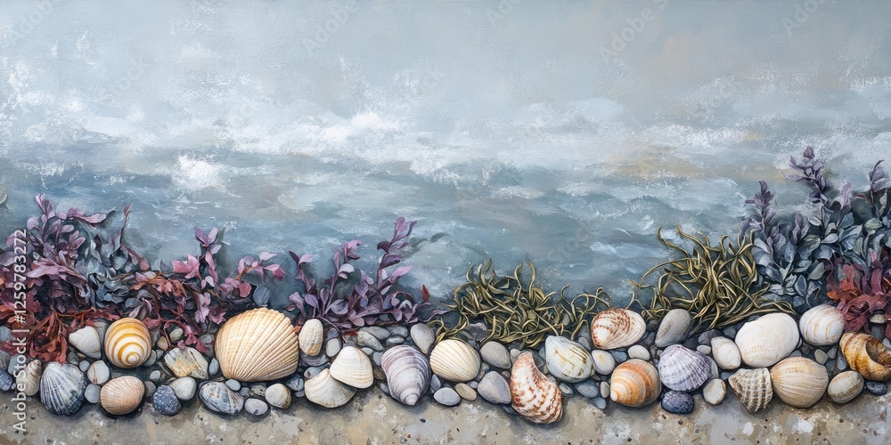 Poster coastal shoreline featuring assorted seashells and pebbles in soft gray and muted tones against a te