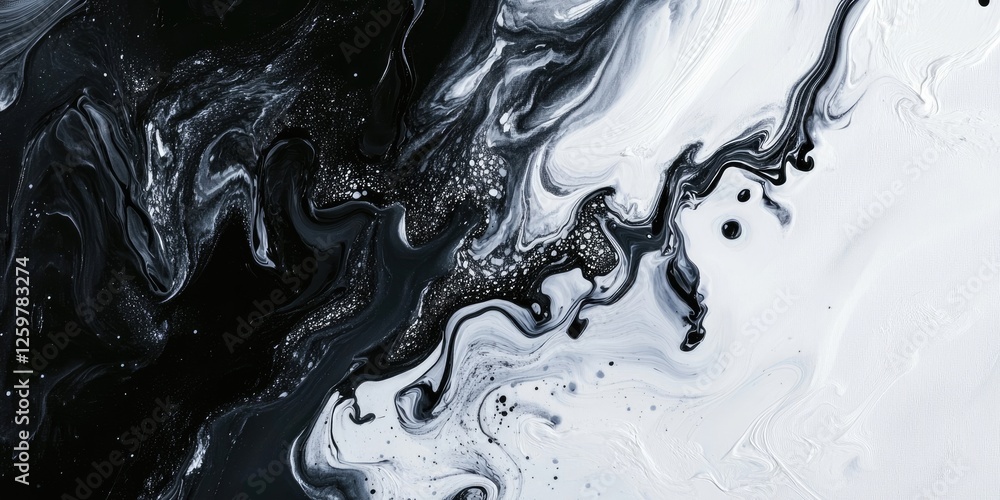 Poster abstract black and white fluid marble art with intricate swirling patterns and glitter accents on a 