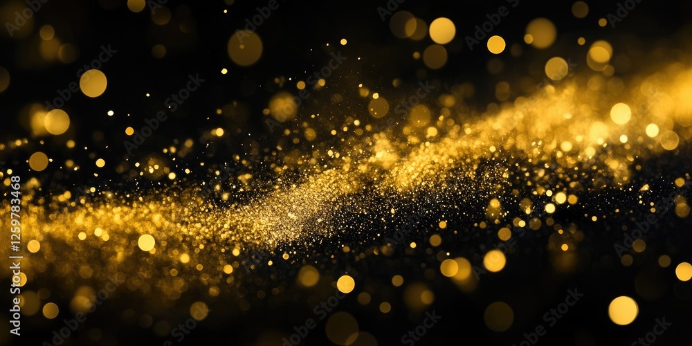 Poster abstract gold glittering particles on a black blurred background with a soft bokeh effect creating a