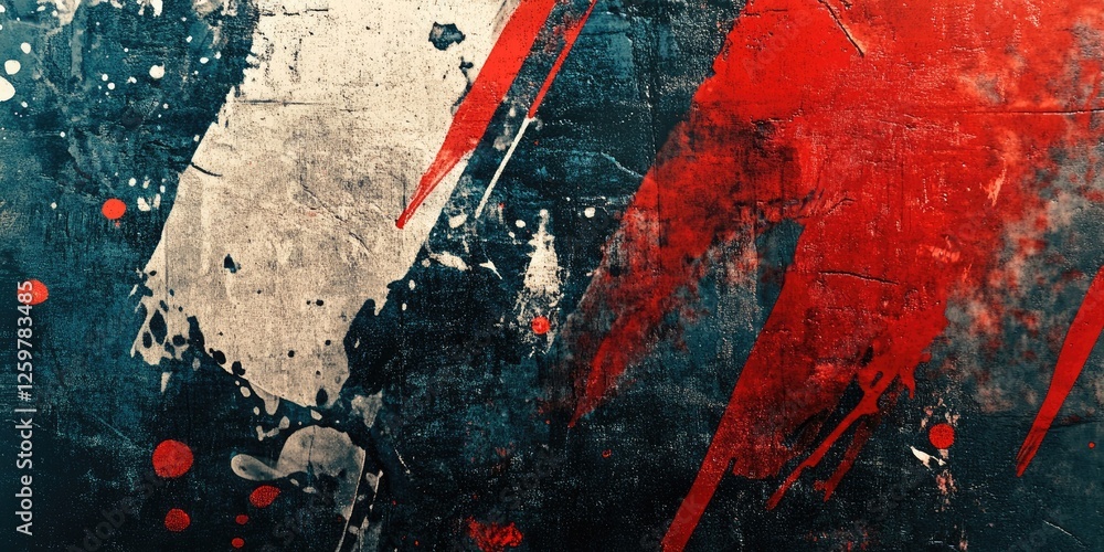 Poster abstract grunge background featuring bold red and white splashes on a dark textured surface with det