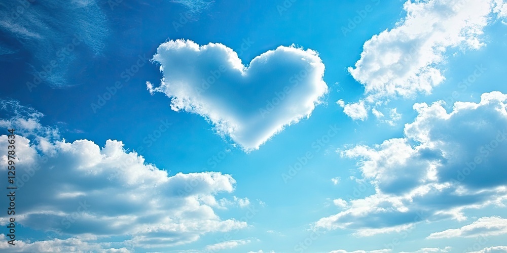 Poster heart shaped clouds float in a bright blue sky with soft white clouds and sunlight creating a serene
