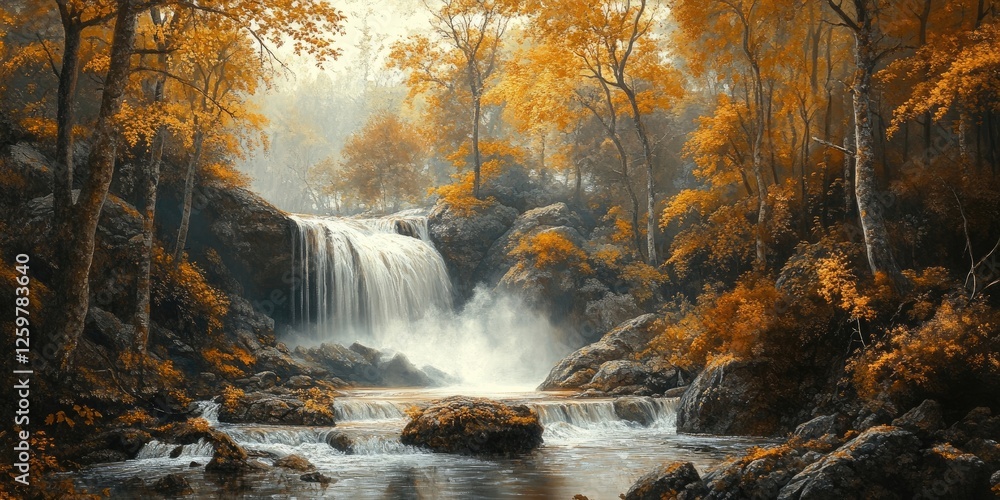 Poster autumn forest scene with vibrant orange foliage framing a cascading waterfall and flowing stream, cr