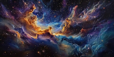 Vibrant cosmic scene featuring swirling clouds of orange, blue, and purple against a starry night sky, creating a sense of depth and wonder.