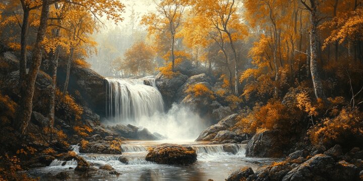 Autumn forest scene with vibrant orange foliage framing a cascading waterfall and flowing stream, creating a tranquil atmosphere in soft light.