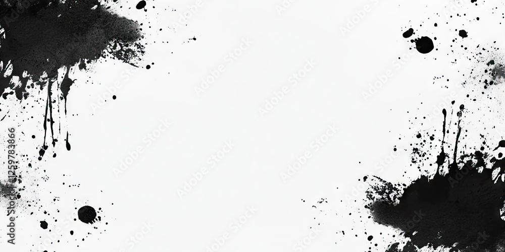 Poster black ink splatter texture on white background with abstract paint drips and spots in corners creati