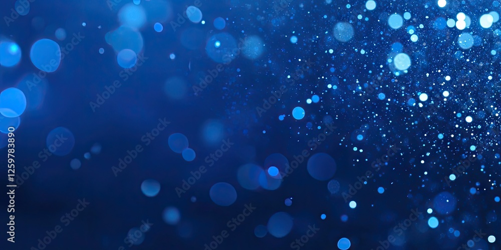 Poster abstract dark blue background with scattered light blue and white bokeh spots creating a depth effec