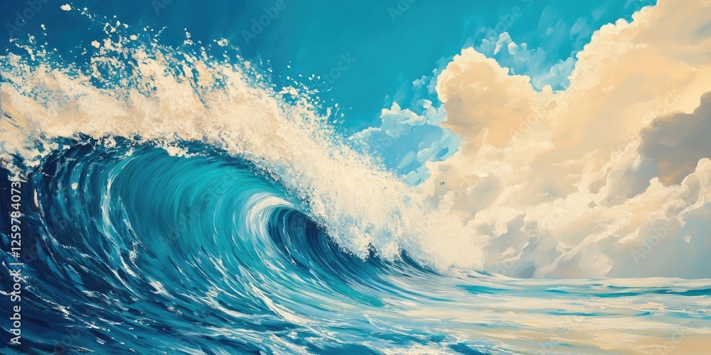 Aufkleber vibrant ocean wave crashing with frothy white crest against serene sky blue backdrop with fluffy clo
