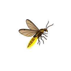 Detailed Illustration of a Glowing Firefly in Flight on White Background