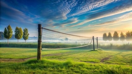 Serene Sunrise Over a Misty Field with a Volleyball Net